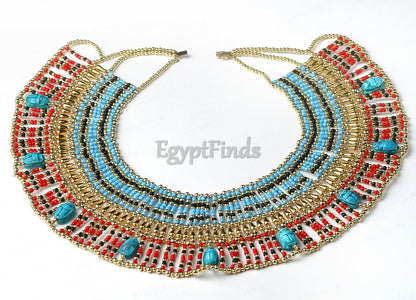 Large Egyptian Beaded Cleopatra Necklace Collar With 9 Scarabs