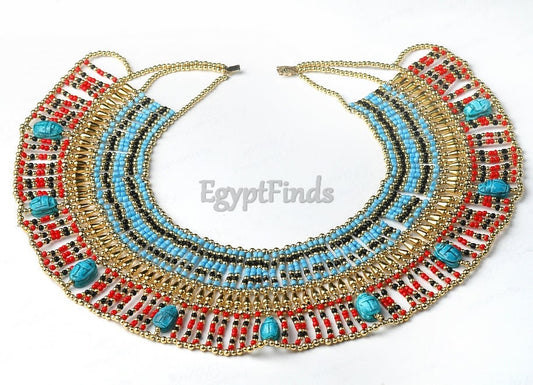 Large Egyptian Beaded Cleopatra Necklace Collar With 9 Scarabs
