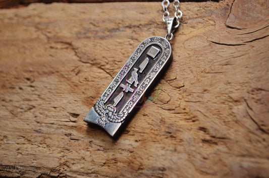 WORLD WIDE Express Shipping, Egyptian Dark Ebony Wide Winged Scarab Sterling Silver Cartouche Charm Necklace