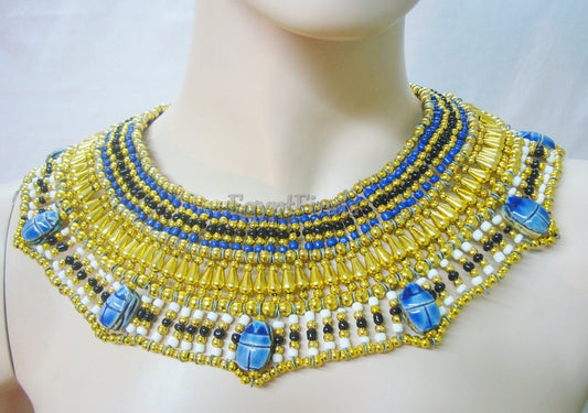 Egyptian Beaded Cleopatra 7 Scarabs Necklace Collar