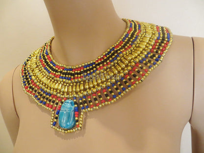 Ancient Egyptian Beaded Cleopatra Large Scarabs Necklace Collar