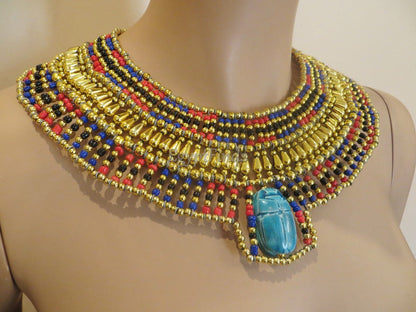Ancient Egyptian Beaded Cleopatra Large Scarabs Necklace Collar