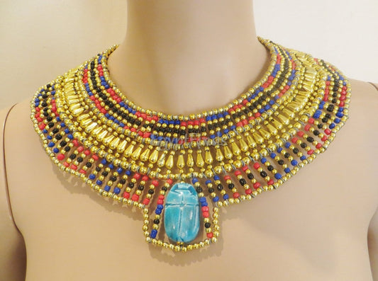 Ancient Egyptian Beaded Cleopatra Large Scarabs Necklace Collar
