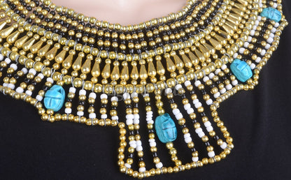 Pretty Ancient Egyptian Beaded Cleopatra 7 Scarabs Necklace Collar