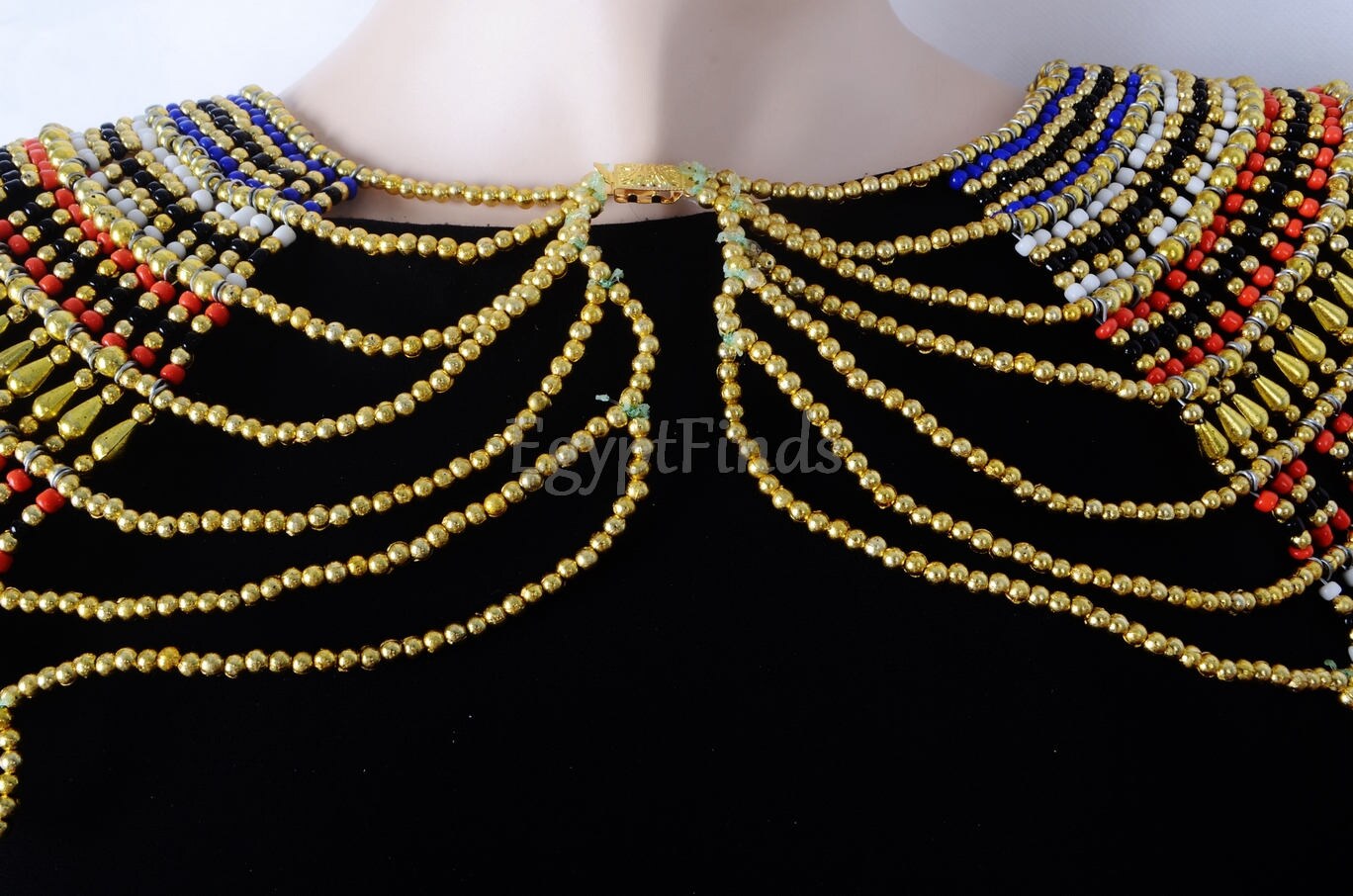 Huge Ancient Egyptian Beaded Cleopatra 9 Scarabs Necklace Collar