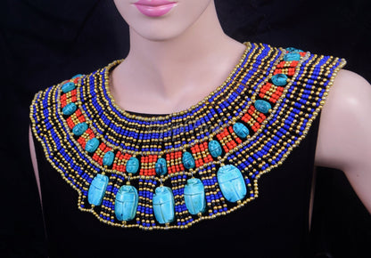 Huge Egyptian Hand Made Beaded Cleopatra 22 Scarabs Necklace Collar  scarab Collar Egyptian Jewelry beaded Collar Khepri Necklace Khepri