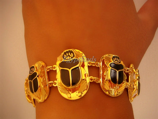 Egyptian 24k Gold Plated  Black Enamel Scarabs Bracelet With Hieroglyphics Scarab Jewelry Scarab beetle Bracelet Khepri Bracelet