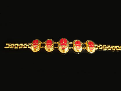 Egyptian Brass Red Enamel Scarabs Bracelet With Hieroglyphics Scarab Jewelry Scarab beetle Bracelet Khepri Bracelet