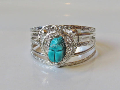 Amazing Egyptian Silver Plated Turquoise Scarab Heart bracelet .US express shipping