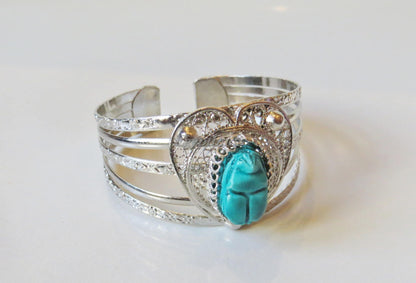 Amazing Egyptian Silver Plated Turquoise Scarab Heart bracelet .US express shipping