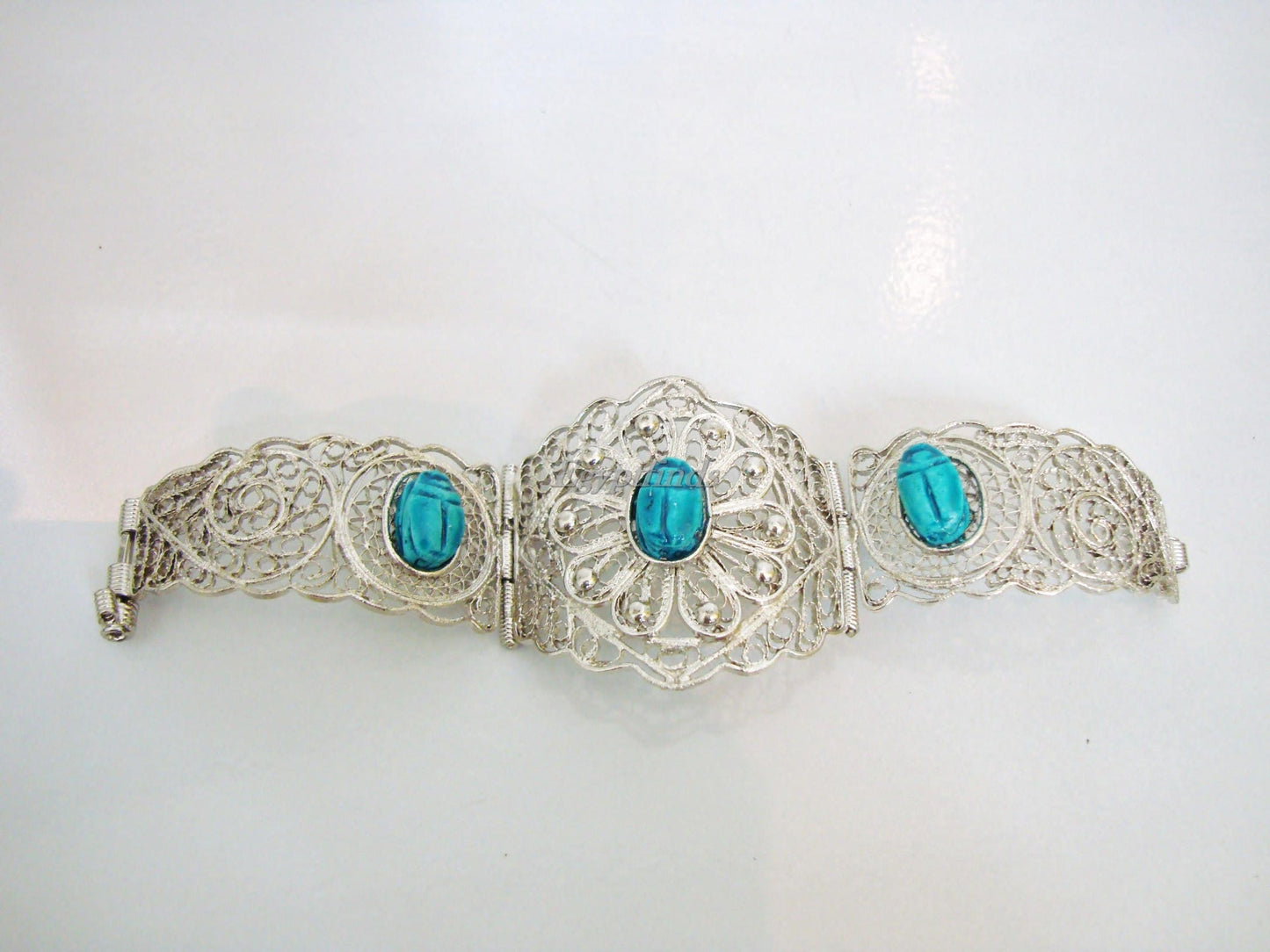 Large Egyptian Hand Made Filigree Flower CUFF Bracelet With Carved Scarab .US express shipping
