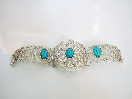 Large Egyptian Hand Made Filigree Flower CUFF Bracelet With Carved Scarab .US express shipping