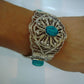 Large Egyptian Hand Made Filigree Flower CUFF Bracelet With Carved Scarab .US express shipping
