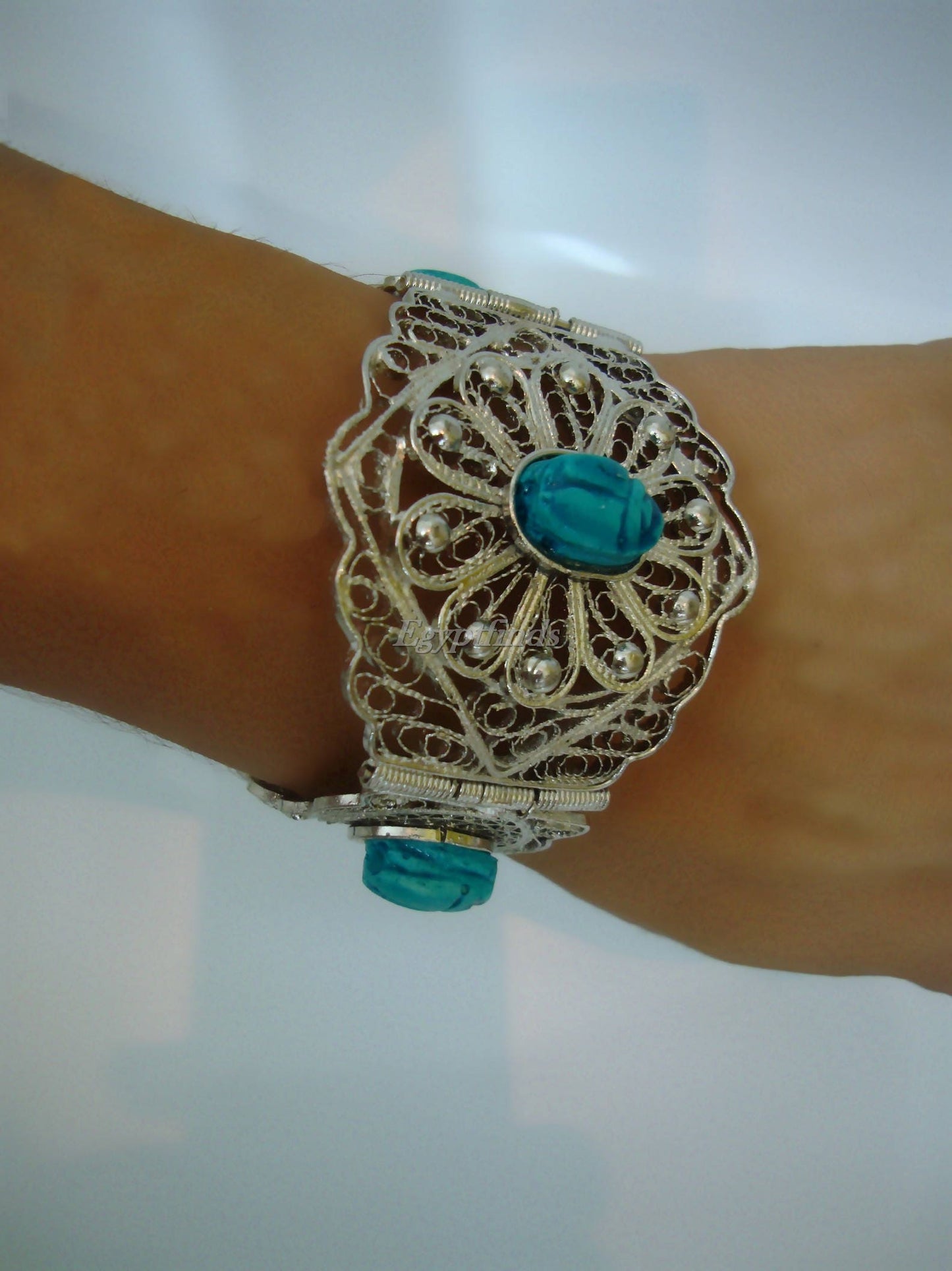 Large Egyptian Hand Made Filigree Flower CUFF Bracelet With Carved Scarab .US express shipping
