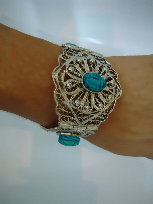 Large Egyptian Hand Made Filigree Flower CUFF Bracelet With Carved Scarab .US express shipping