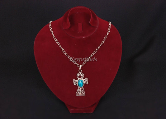 Egyptian Ankh Life Key Cross Filigree Necklace With Scarab .US express shipping