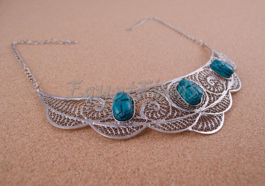 Unique Egyptian Hand Made Filigree Silver Plated Scarabs necklace .US express shipping
