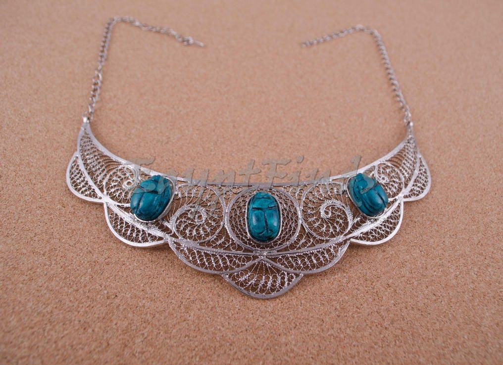 Unique Egyptian Hand Made Filigree Silver Plated Scarabs necklace .US express shipping