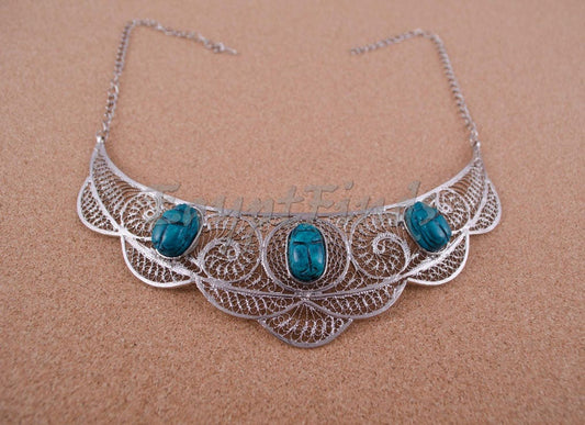 Unique Egyptian Hand Made Filigree Silver Plated Scarabs necklace .US express shipping