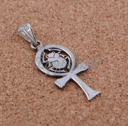 Shiny Egyptian Solid Silver Hallmarked Life Key Ankh With Scarab Pendant Charm