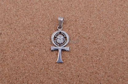 Shiny Egyptian Solid Silver Hallmarked Life Key Ankh With Scarab Pendant Charm