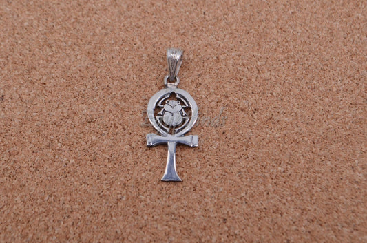 Shiny Egyptian Solid Silver Hallmarked Life Key Ankh With Scarab Pendant Charm