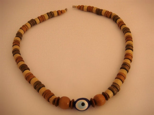Tribal Evil Eye Egyptian Beaded Necklace With Wood Bead
