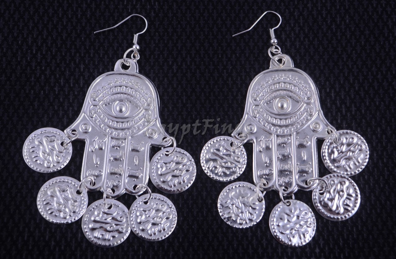 Egyptian Tribal Belly Dance Earrings Dancing Hamsa fatima hand Coin Evil Eye Gypsy Jewelry