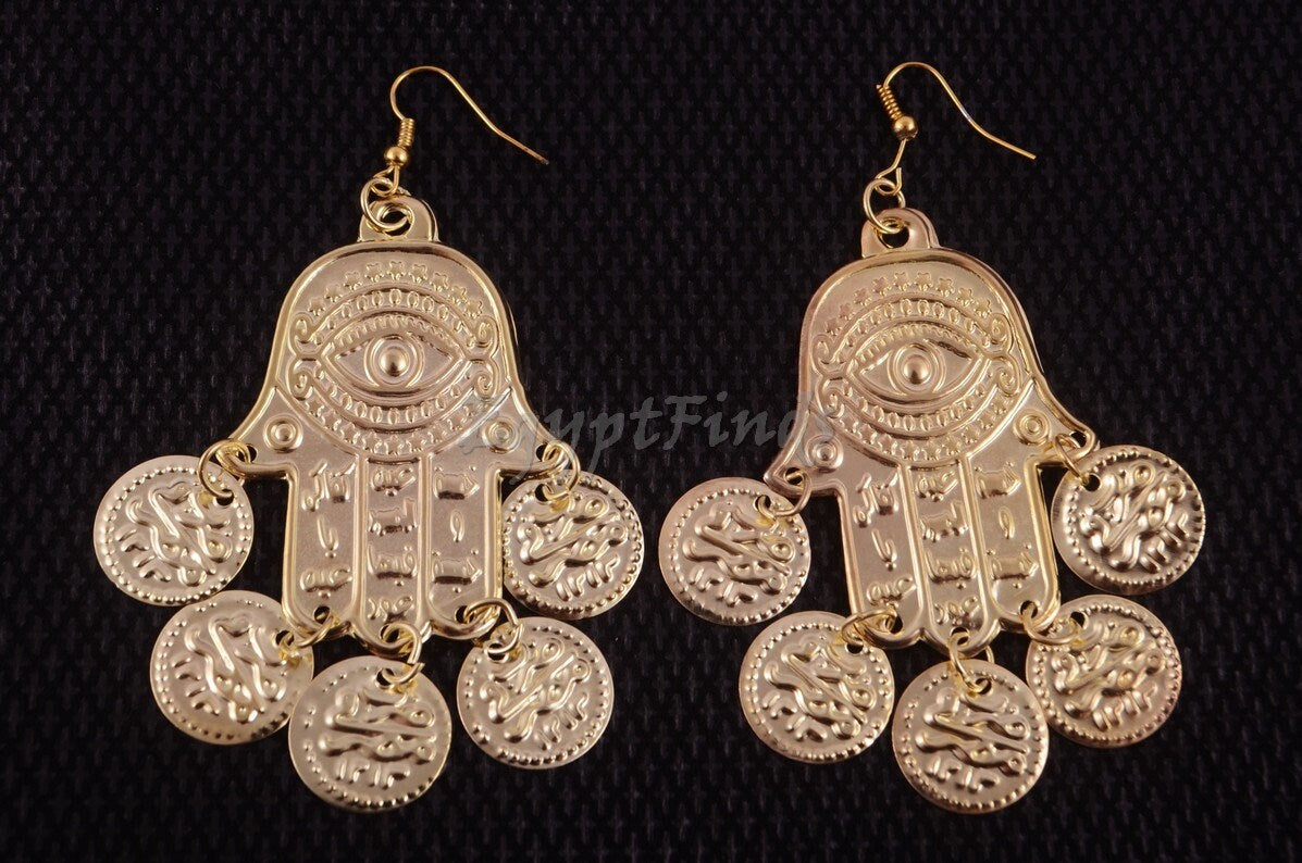 Egyptian Tribal Belly Dance Earrings Dancing Hamsa fatima hand Coin Evil Eye Gypsy Jewelry