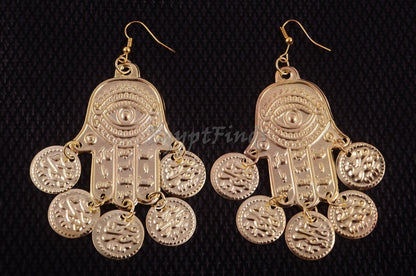 Egyptian Tribal Belly Dance Earrings Dancing Hamsa fatima hand Coin Evil Eye Gypsy Jewelry