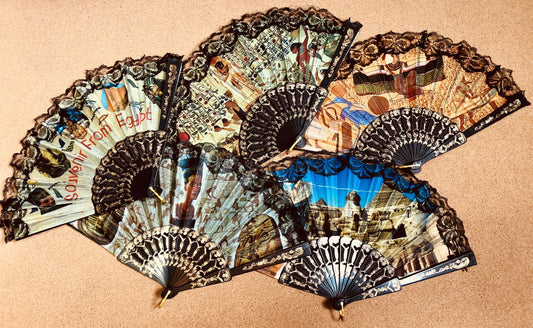 Unique Egyptian Lot of 2 Gorgeous Egyptian Pharaonic Tut , Isis, Nefertiti & more Hand Held Fan