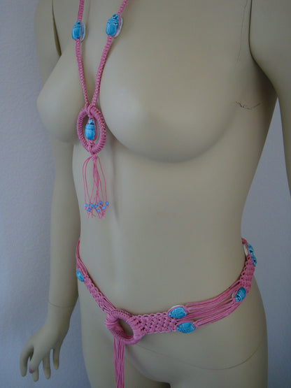 Egyptian Boho Scarabs Pink Hippie Belt And Necklace Set Gypsy Set