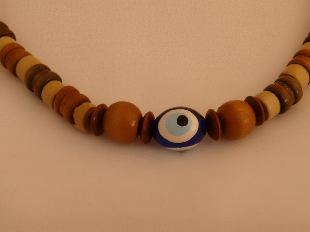 Tribal Evil Eye Egyptian Beaded Necklace With Wood Bead