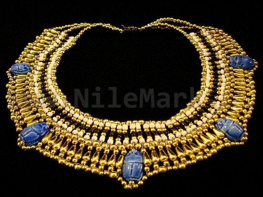 Amazing Egyptian White Queen Cleopatra 5 Scarabs Necklace scarab Collar Egyptian Jewelry beaded Collar Khepri Necklace Khepri