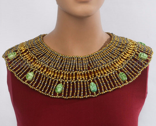 Large Egyptian Golden Beaded Cleopatra Necklace Collar With 9 Scarabs