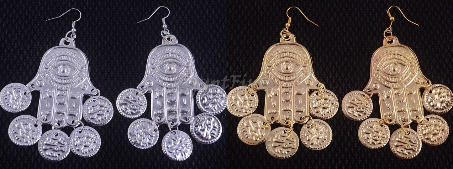 Egyptian Tribal Belly Dance Earrings Dancing Hamsa fatima hand Coin Evil Eye Gypsy Jewelry