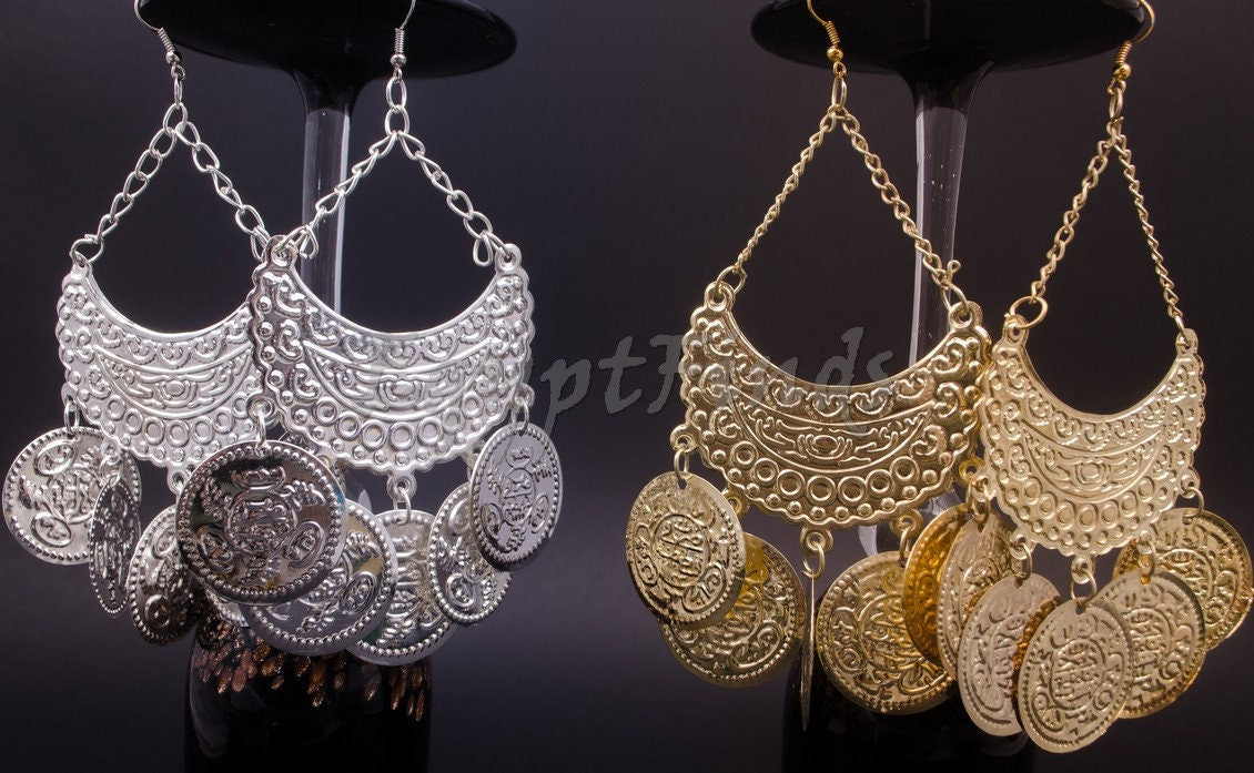 Egyptian Ethnic Belly Dance Earrings Dangle Coins Pierced Tribal Gypsy hippie earrings