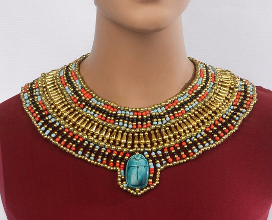Cute Egyptian Beaded Cleopatra Large Scarab Necklace Collar