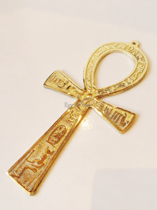 XLRG Egyptian Solid Brass Ankh Life key 7.8" Engraved Hieroglyphics Wall Hanging