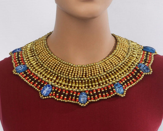 Cute Egyptian Beaded Cleopatra 7 Scarabs Necklace Collar