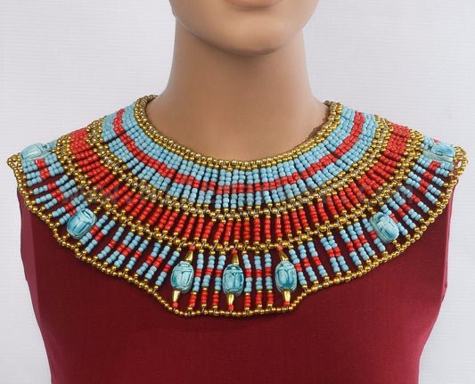 V Large Egyptian Beaded Cleopatra Necklace Collar With 7 Scarabs