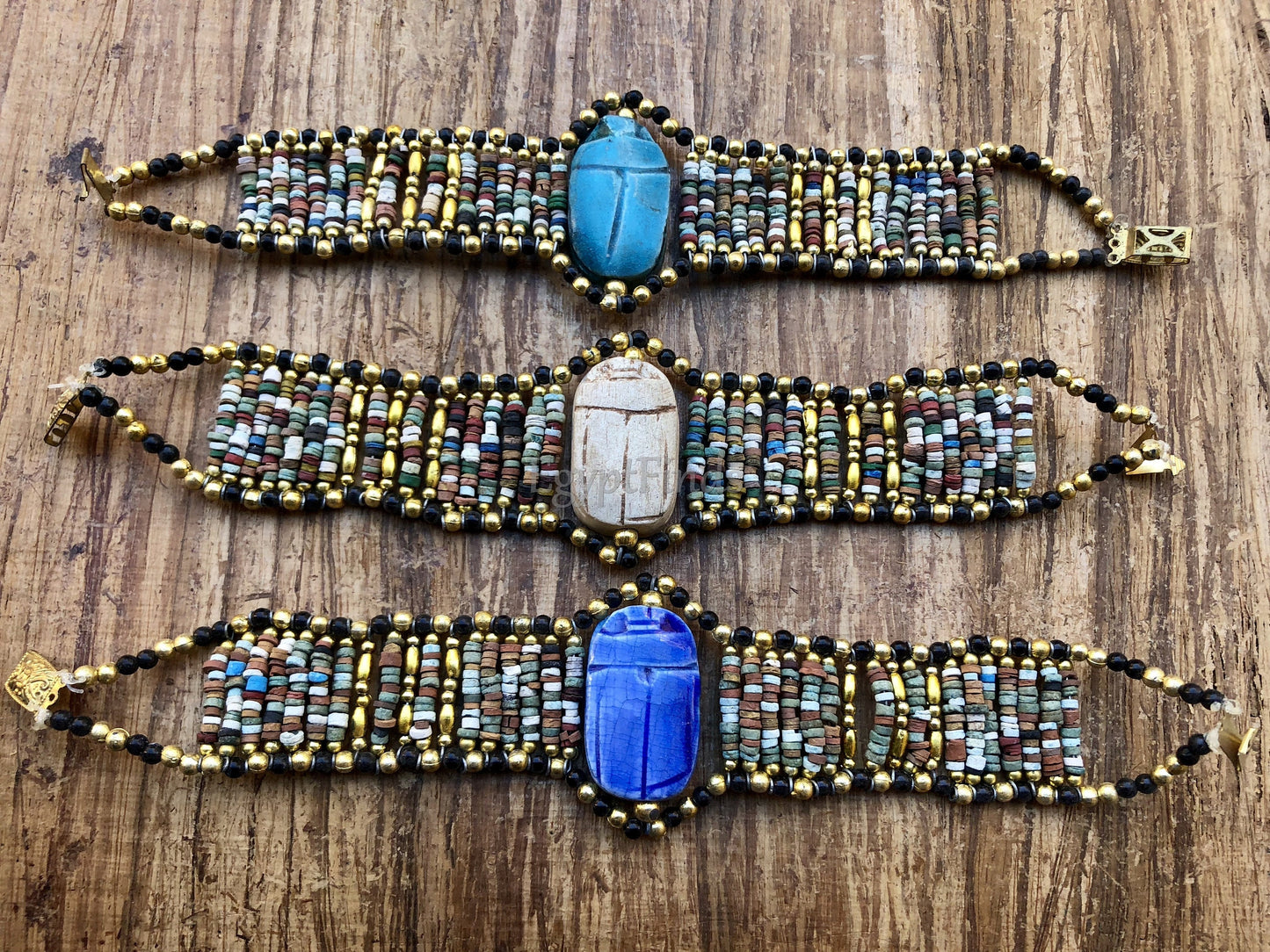 Beautiful Egyptian LRG Scarabs Mummy bead Cleopatra Bracelet