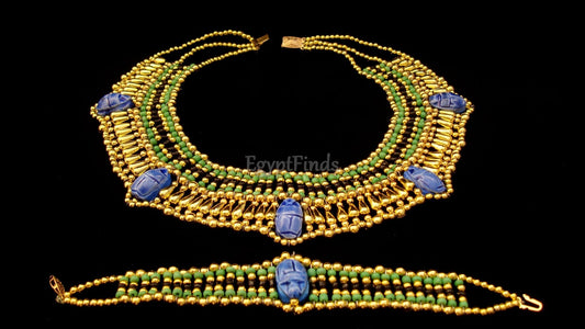 Wonderful Egyptian Beaded 5 Scarabs Cleopatra Scarab Necklace Collar & BraceletEgyptian Jewelry beaded Collar Khepri Bracelet
