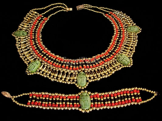 Wonderful Egyptian Beaded 5 Scarabs Cleopatra Scarab Necklace Collar & Bracelet Egyptian Jewelry beaded Collar Khepri Bracelet