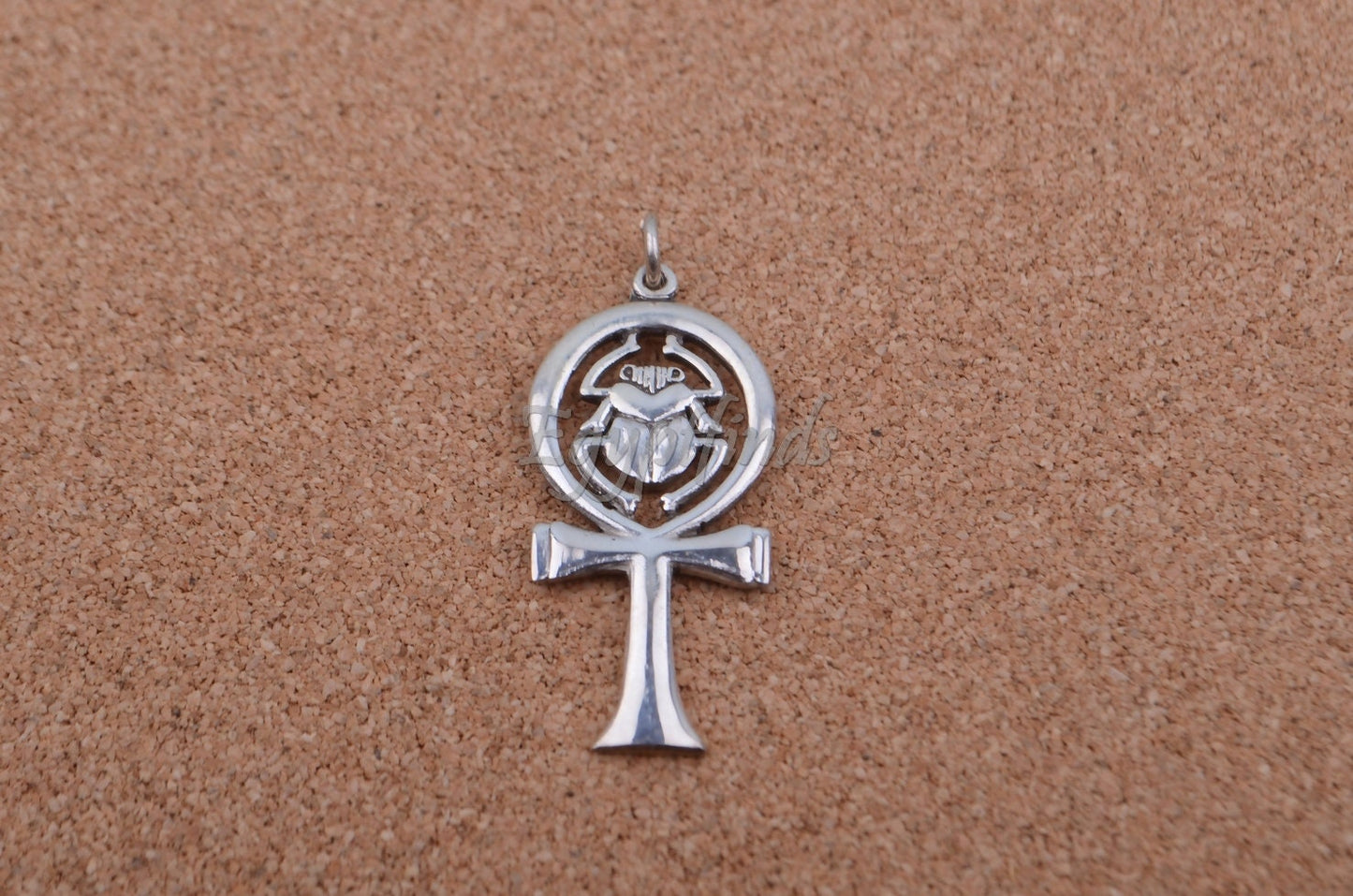 Egyptian Solid Silver Hallmarked Key Of Life Ankh Life Key Cross With Scarab Pendant Charm