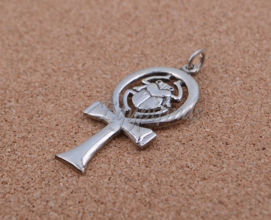 Egyptian Solid Silver Hallmarked Key Of Life Ankh Life Key Cross With Scarab Pendant Charm