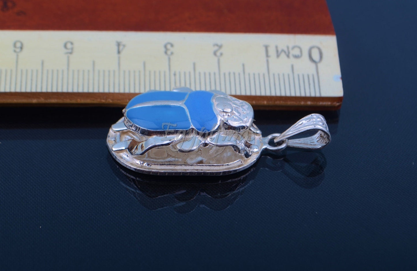 Large Egyptian Sterling Silver Turquoise Enamelled Scarab Luck Charm US Express