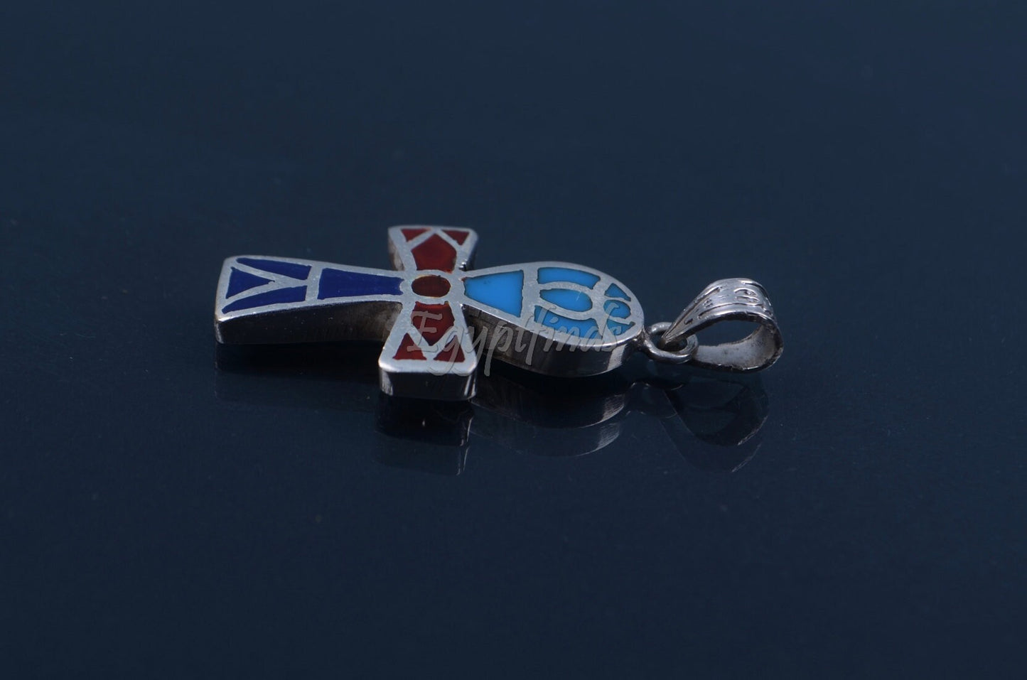 Large Egyptian Hand Made Solid Silver Inlaid Ankh life key Pendant Charm Pendant