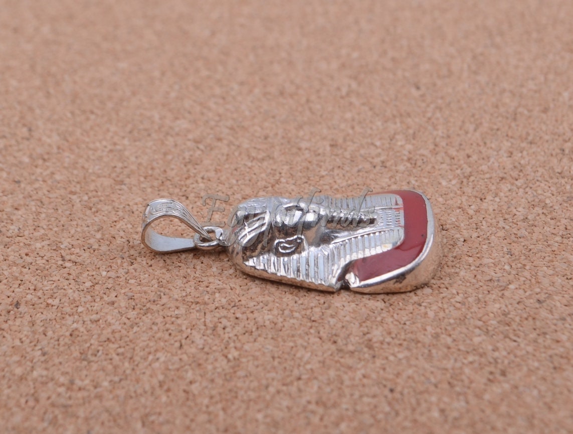 Egyptian Solid Sterling Silver Colored Inlaid Tutankhamun Tut Pendant