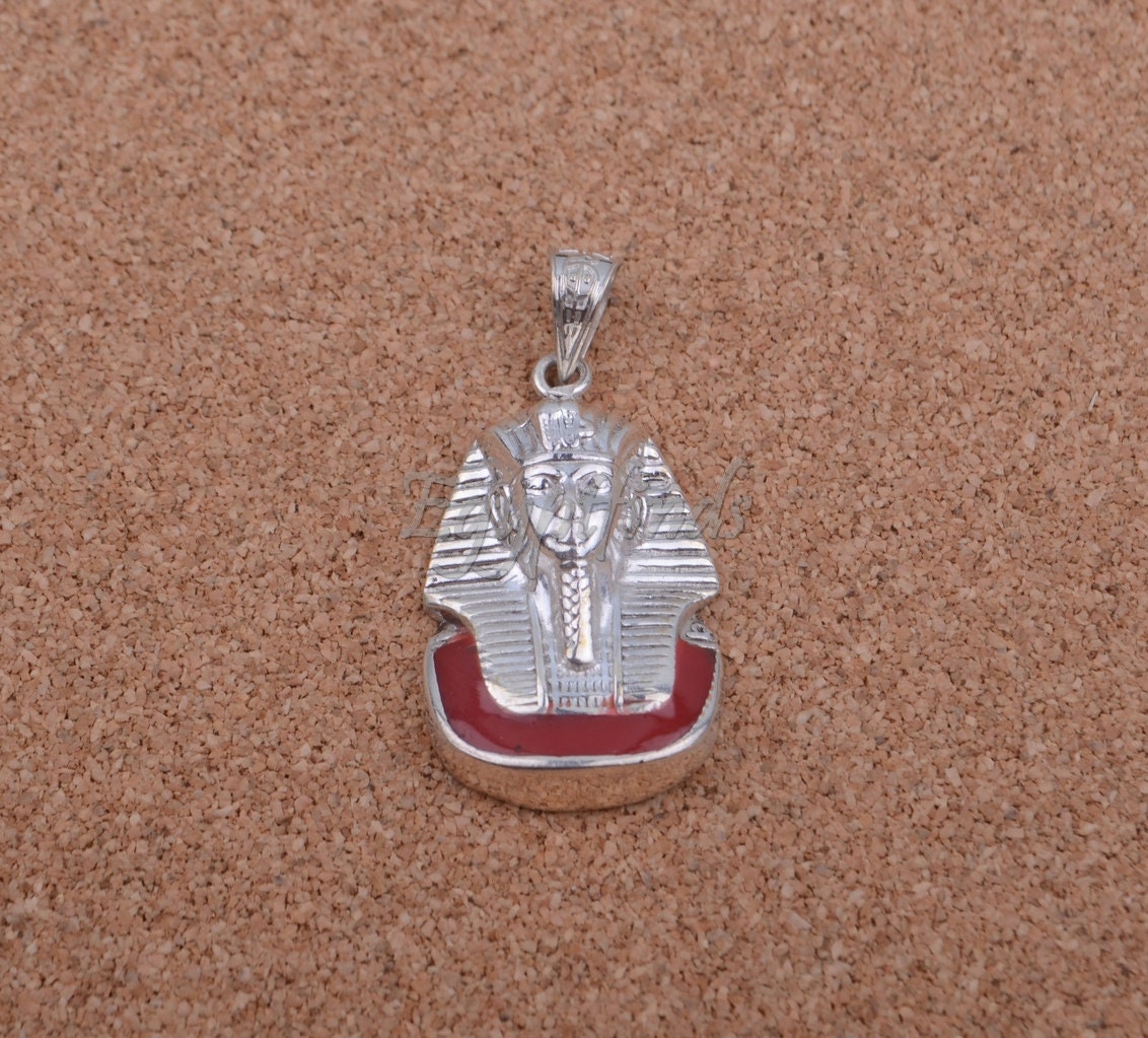 Egyptian Solid Sterling Silver Colored Inlaid Tutankhamun Tut Pendant